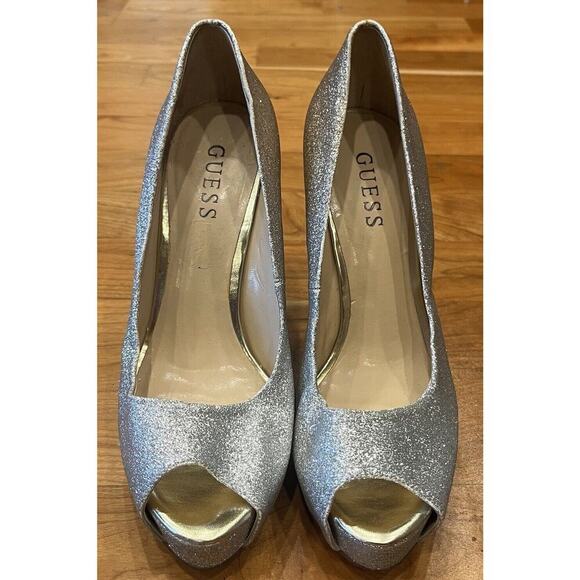 Guess Rosalie Ombre Glitter Peep Toe High Heels Size 7 Women’s Silver Gold - Picture 2 of 9